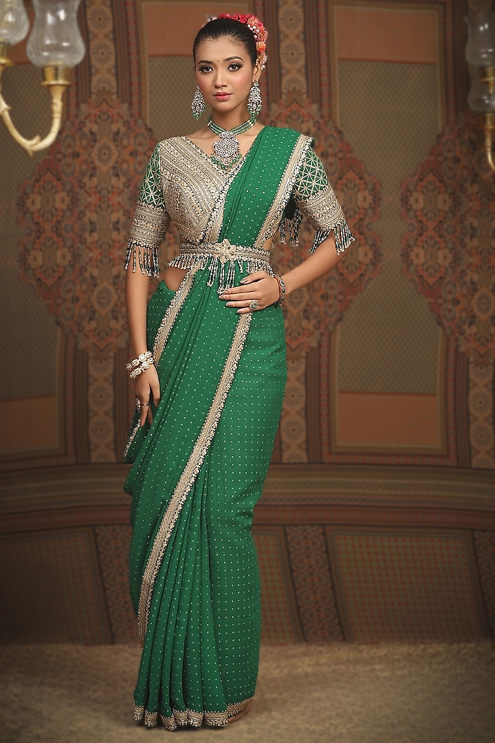 Emerald Green Georgette Gota & Dori Embroidered Wedding Saree Set by Shikhar Sharma at Pernia's Pop Up Shop