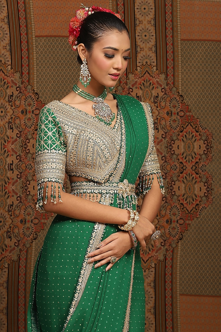 Emerald Green Georgette Gota & Dori Embroidered Wedding Saree Set by Shikhar Sharma at Pernia's Pop Up Shop