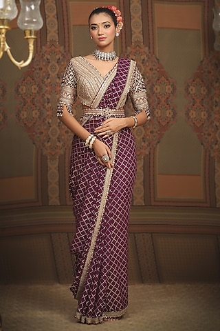 Dark Purple Georgette Gota & Badla Embroidered Saree Set by Shikhar Sharma