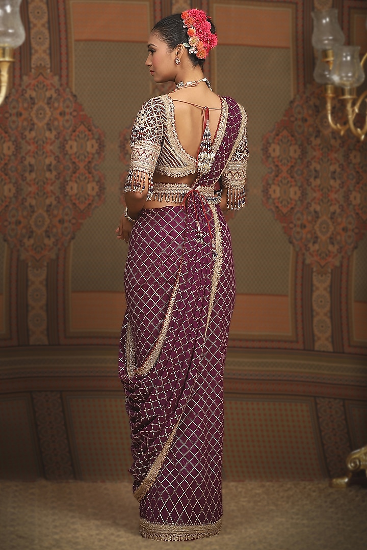 Dark Purple Georgette Gota & Badla Embroidered Wedding Saree Set by Shikhar Sharma at Pernia's Pop Up Shop