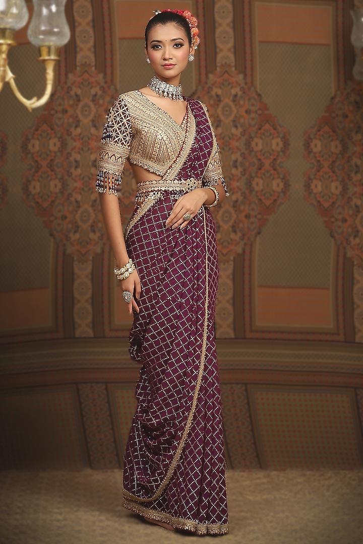 Dark Purple Georgette Gota & Badla Embroidered Wedding Saree Set by Shikhar Sharma at Pernia's Pop Up Shop