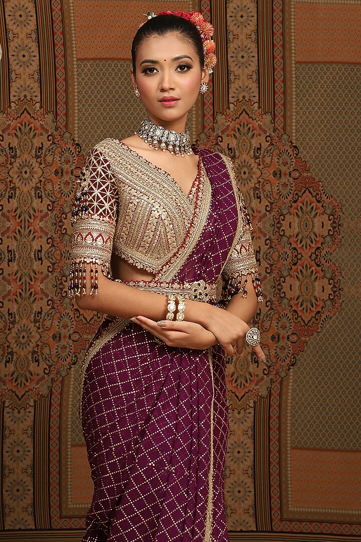 Dark Purple Georgette Gota & Badla Embroidered Wedding Saree Set by Shikhar Sharma at Pernia's Pop Up Shop