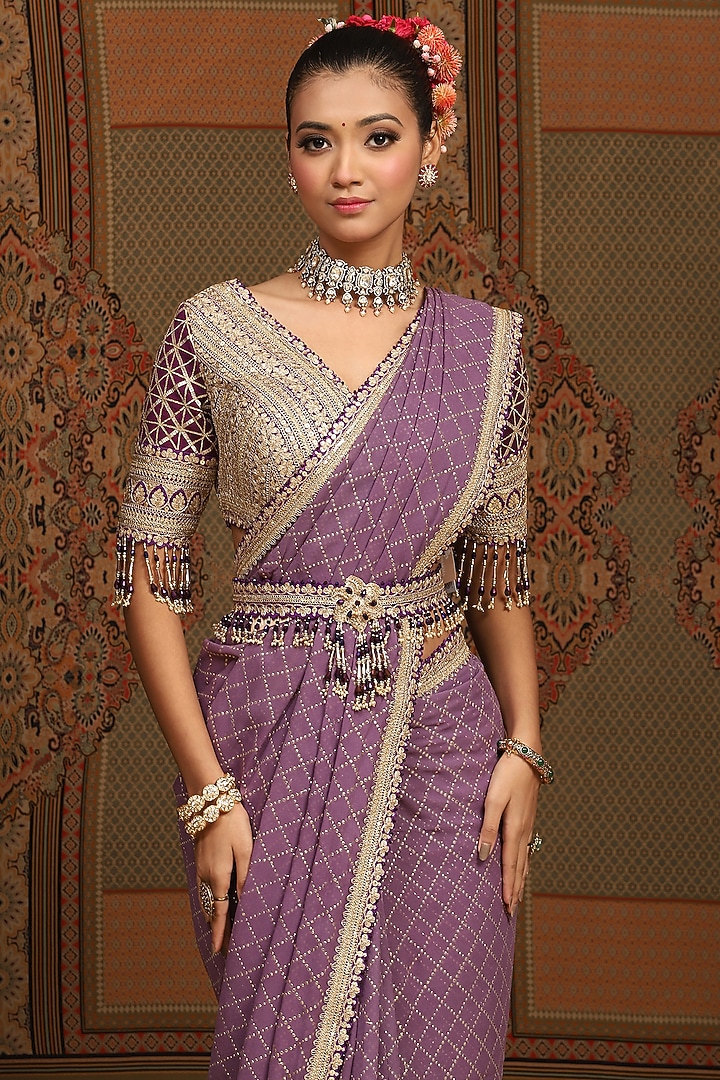 Light Purple Georgette Gota & Badla Embroidered Wedding Saree Set by Shikhar Sharma at Pernia's Pop Up Shop