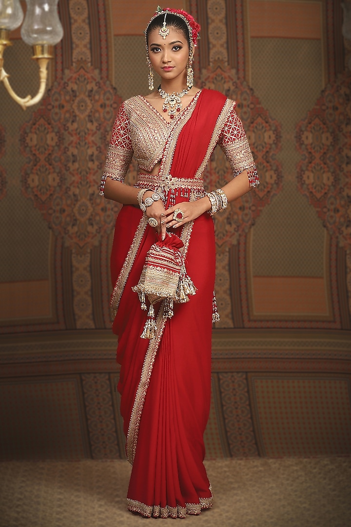 Red Pure Crepe Gota & Badla Embellished Saree Set by Shikhar Sharma