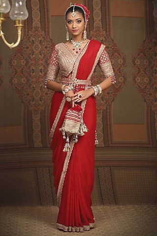 Red Pure Crepe Gota & Badla Embellished Saree Set by Shikhar Sharma