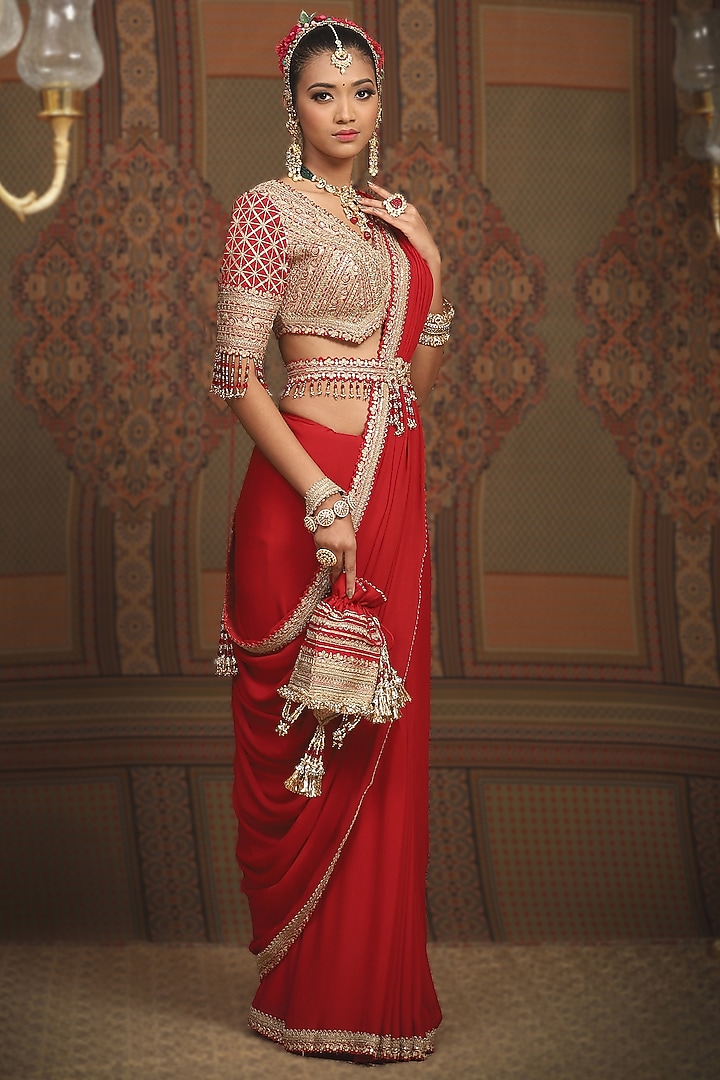Red Pure Crepe Gota & Badla Embellished Wedding Saree Set by Shikhar Sharma at Pernia's Pop Up Shop