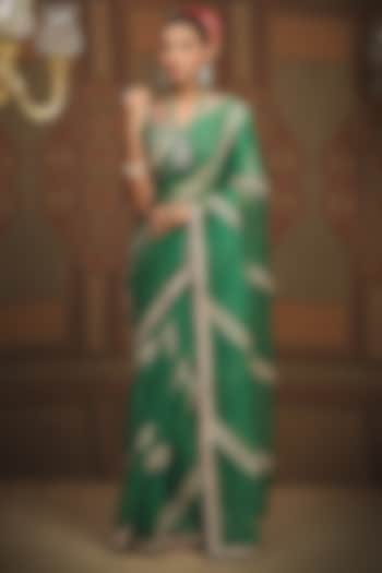 Emerald Green Silk Organza Gota & Dori Embroidered Leheriya Wedding Saree Set by Shikhar Sharma at Pernia's Pop Up Shop