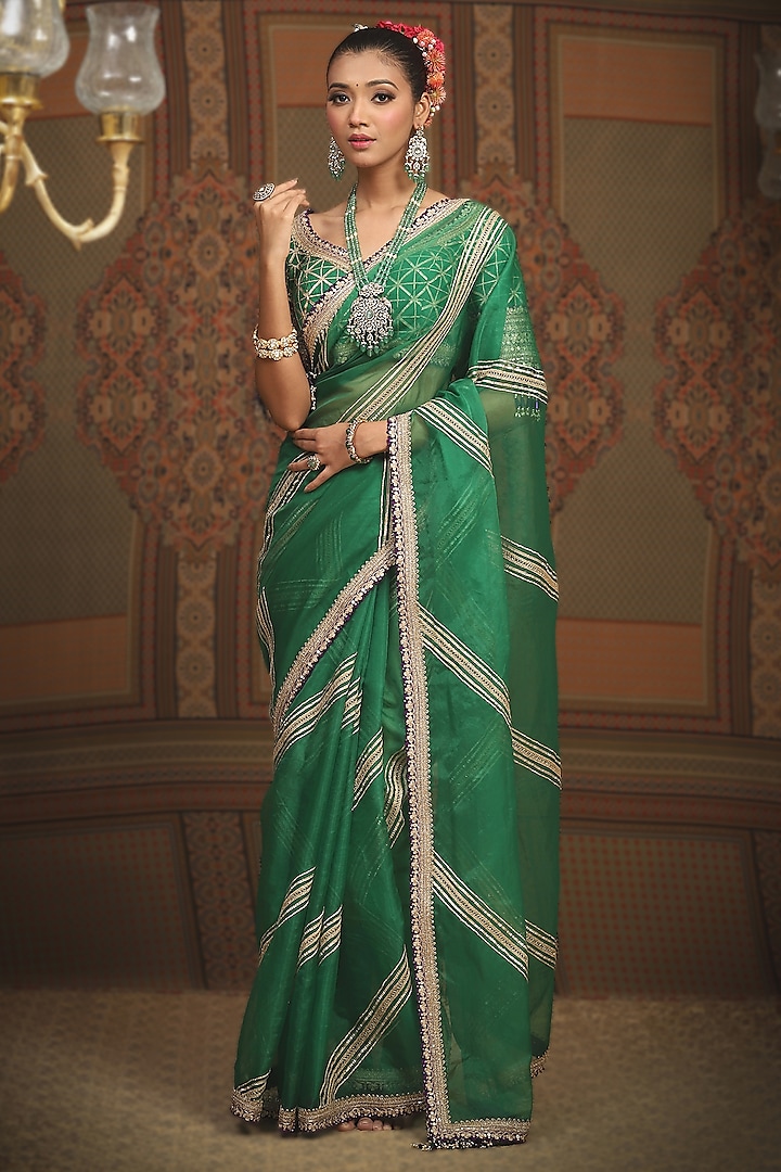 Emerald Green Silk Organza Gota & Dori Embroidered Leheriya Wedding Saree Set by Shikhar Sharma at Pernia's Pop Up Shop