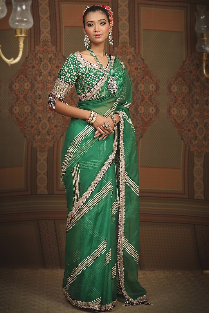 Emerald Green Silk Organza Gota & Dori Embroidered Leheriya Wedding Saree Set by Shikhar Sharma at Pernia's Pop Up Shop