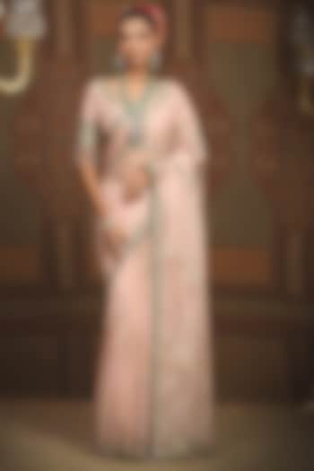 Baby Pink Silk Organza Gota & Dori Embroidered Leheriya Wedding Saree Set by Shikhar Sharma at Pernia's Pop Up Shop