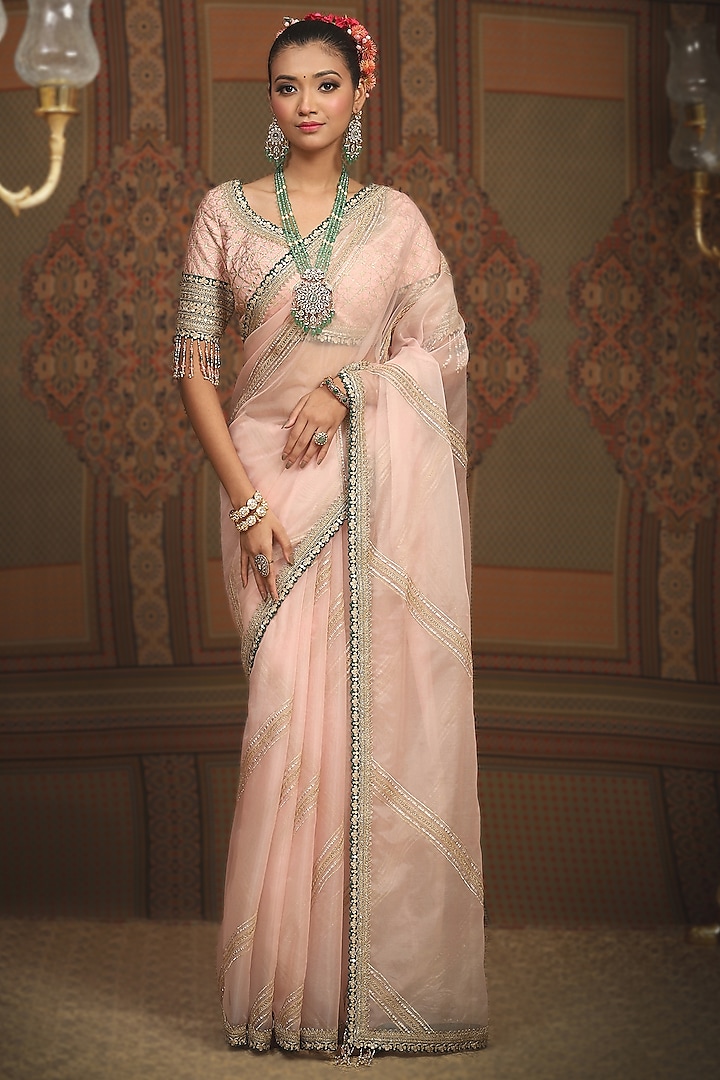 Baby Pink Silk Organza Gota & Dori Embroidered Leheriya Wedding Saree Set by Shikhar Sharma at Pernia's Pop Up Shop