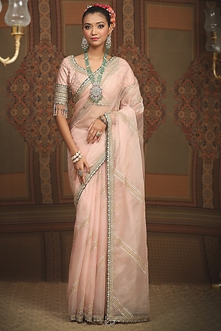 Baby Pink Silk Organza Gota & Dori Embroidered Leheriya Saree Set by Shikhar Sharma