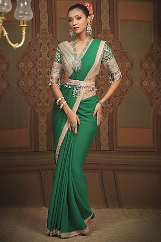 Emerald Green Pure Crepe Gota & Badla Embellished Saree Set by Shikhar Sharma