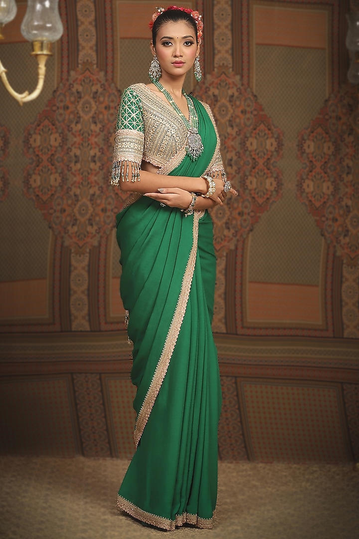 Emerald Green Pure Crepe Gota & Badla Embellished Wedding Saree Set by Shikhar Sharma at Pernia's Pop Up Shop