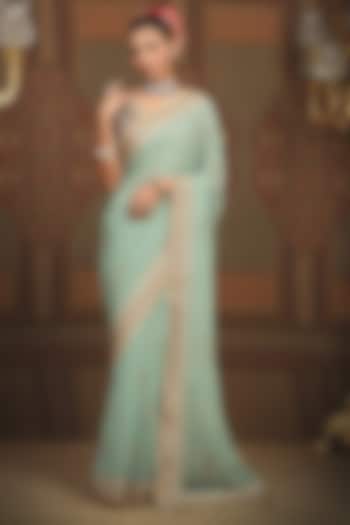 Dusty Light Turquoise Georgette Gota & Badla Embroidered Wedding Saree Set by Shikhar Sharma at Pernia's Pop Up Shop