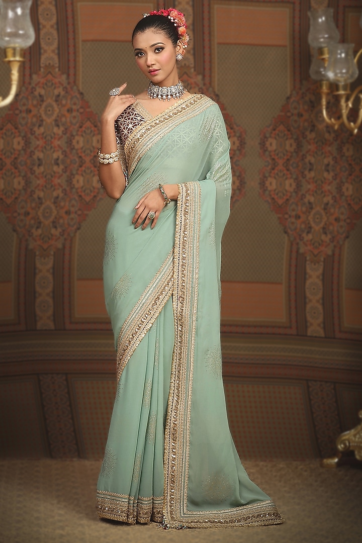 Dusty Light Turquoise Georgette Gota & Badla Embroidered Wedding Saree Set by Shikhar Sharma at Pernia's Pop Up Shop