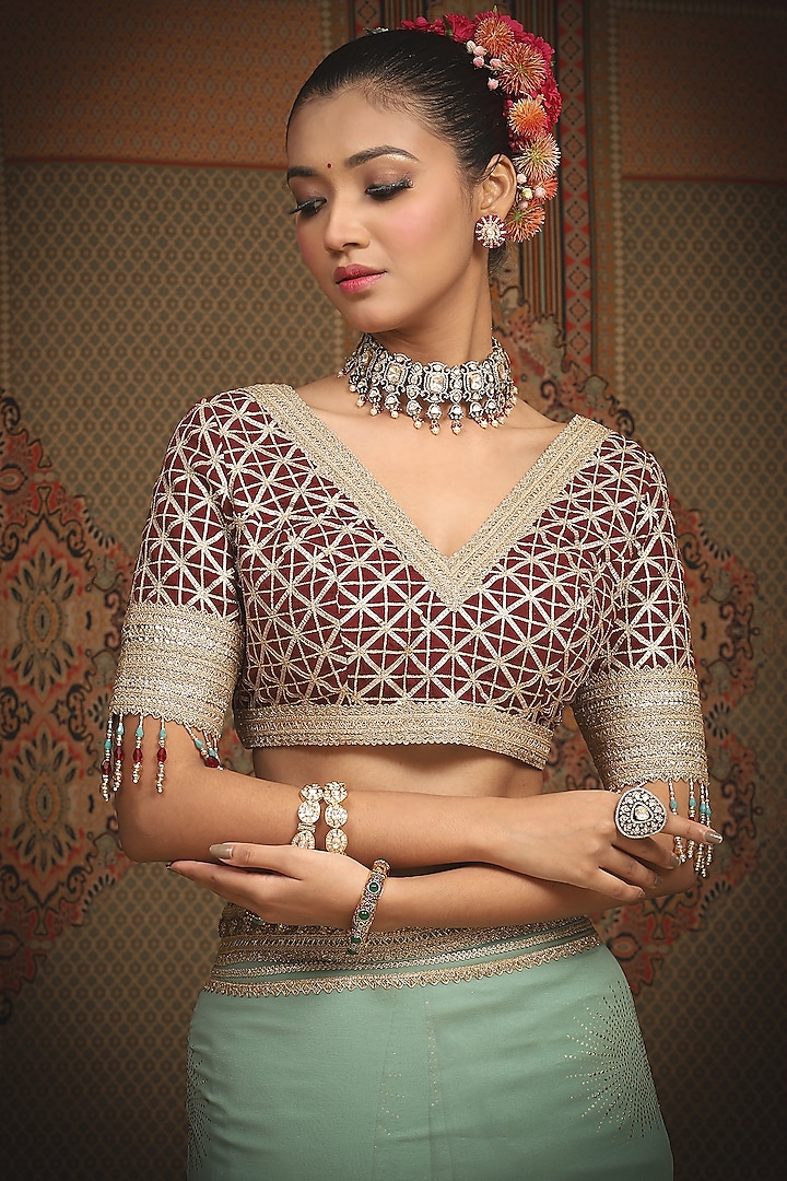 Dusty Light Turquoise Georgette Gota & Badla Embroidered Wedding Saree Set by Shikhar Sharma at Pernia's Pop Up Shop
