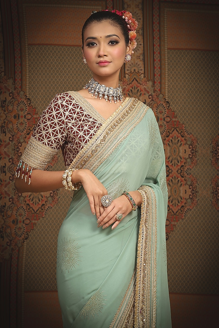 Dusty Light Turquoise Georgette Gota & Badla Embroidered Wedding Saree Set by Shikhar Sharma at Pernia's Pop Up Shop