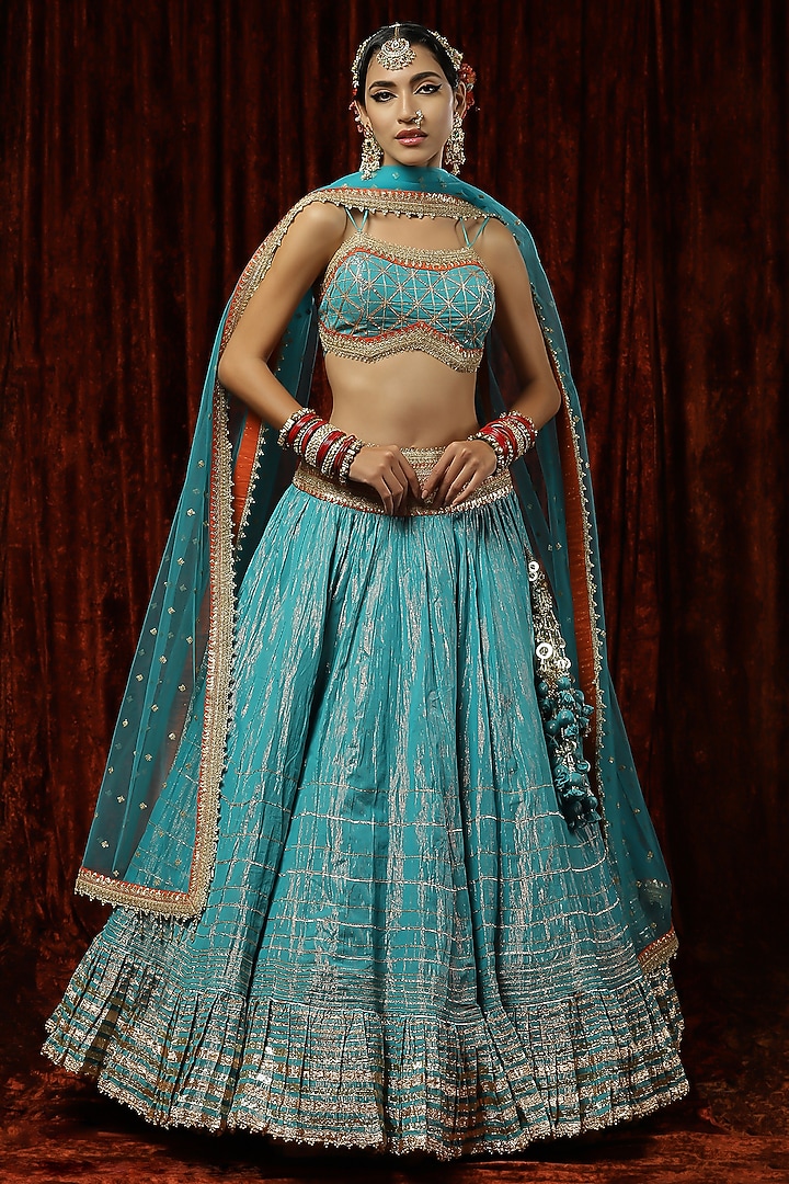Firozi Cotton Shimmer Chanderi Gota Wedding Lehenga Set by Shikhar Sharma at Pernia's Pop Up Shop