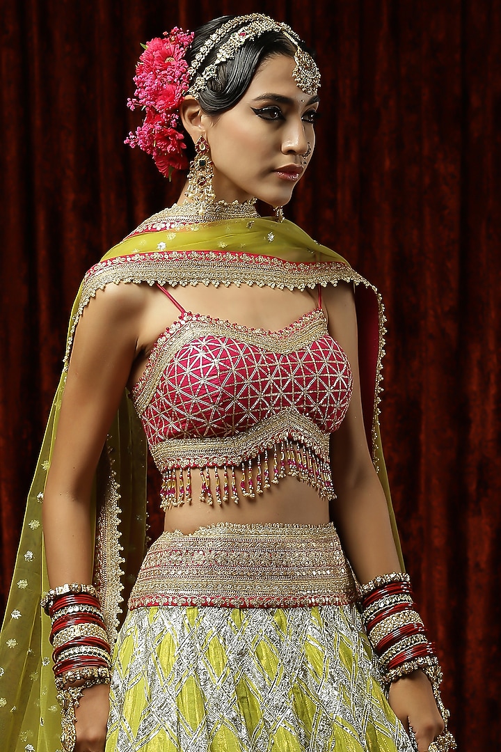 Lemon Green Cotton Shimmer Chanderi Gota Wedding Lehenga Set by Shikhar Sharma at Pernia's Pop Up Shop