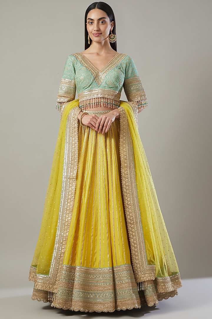 Lemon Yellow Embroidered Wedding Lehenga Set by Shikhar Sharma at