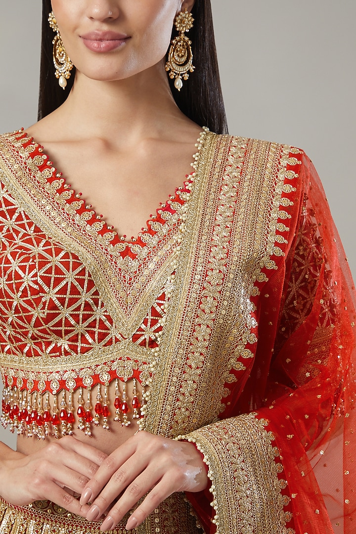Red Silk Chanderi Embroidered Bridal Lehenga Set by Shikhar Sharma at Pernia's Pop Up Shop