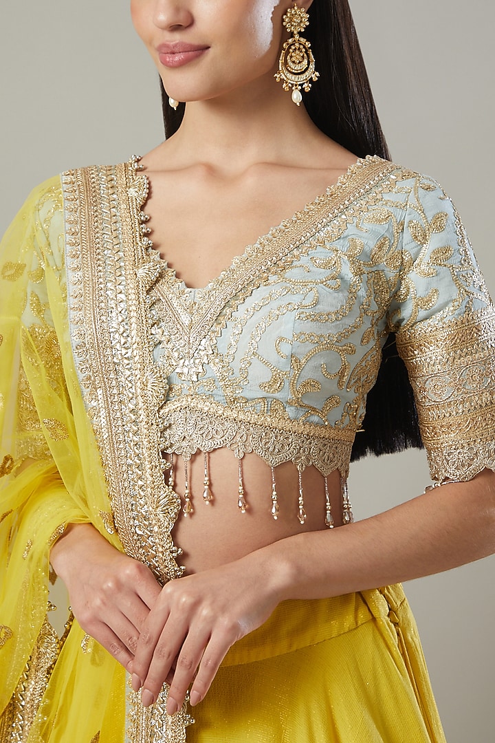 Lemon Yellow Chanderi Embroidered Wedding Lehenga Set by Shikhar Sharma at Pernia's Pop Up Shop
