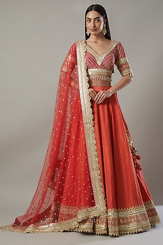 Orange Embroidered Lehenga Set by Shikhar Sharma