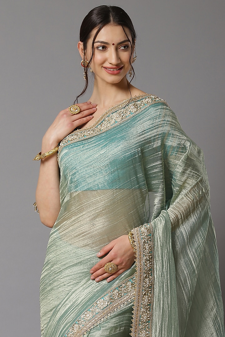 Gold Tissue Embroidered Wedding Saree Set by Shikhar Sharma at Pernia's Pop Up Shop