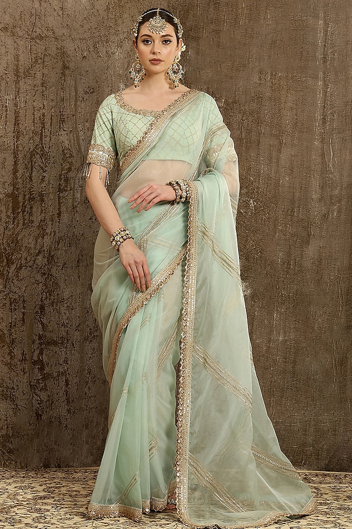 Sea Green Silk Embroidered Party Wear Saree Set by Shikhar Sharma at Pernia's Pop Up Shop