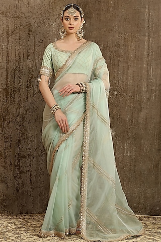Sea Green Silk Embroidered Saree Set by Shikhar Sharma