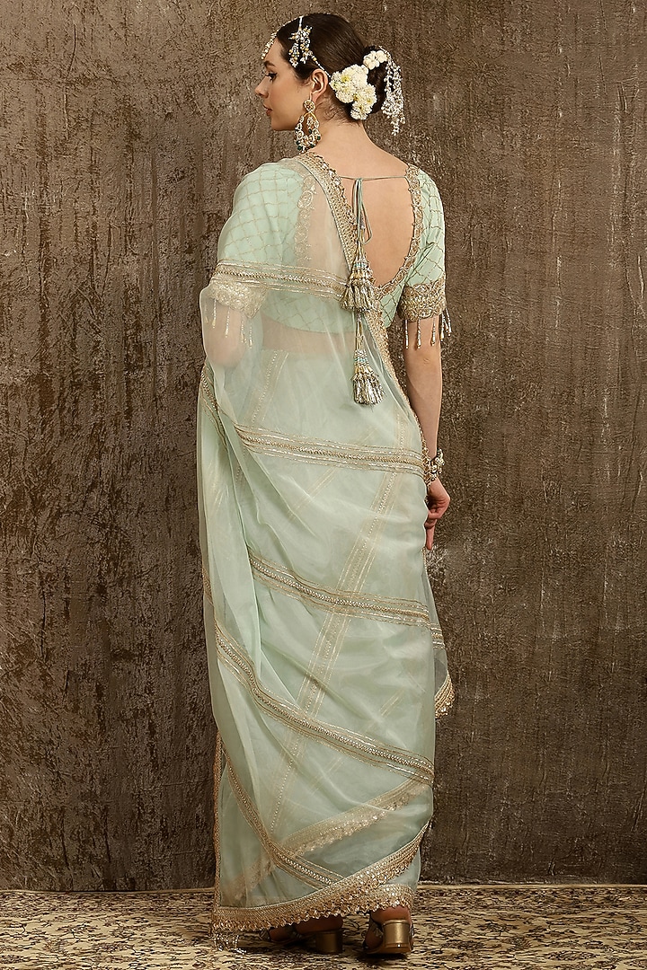 Sea Green Silk Embroidered Party Wear Saree Set by Shikhar Sharma at Pernia's Pop Up Shop