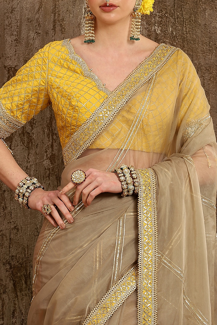 Mouse Colored Organza Gota & Kasab Embroidered Party Wear Saree Set by Shikhar Sharma at Pernia's Pop Up Shop
