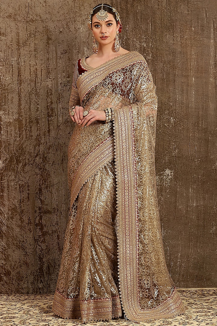 Golden Silk Embroidered Wedding Saree Set by Shikhar Sharma at Pernia's Pop Up Shop