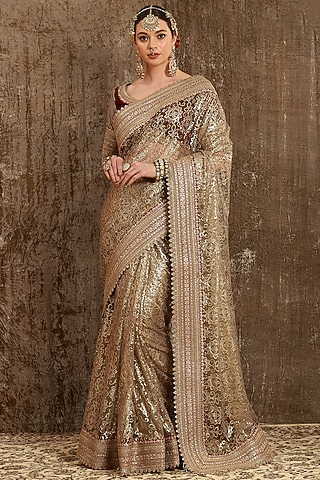 Golden Silk Embroidered Saree Set by Shikhar Sharma