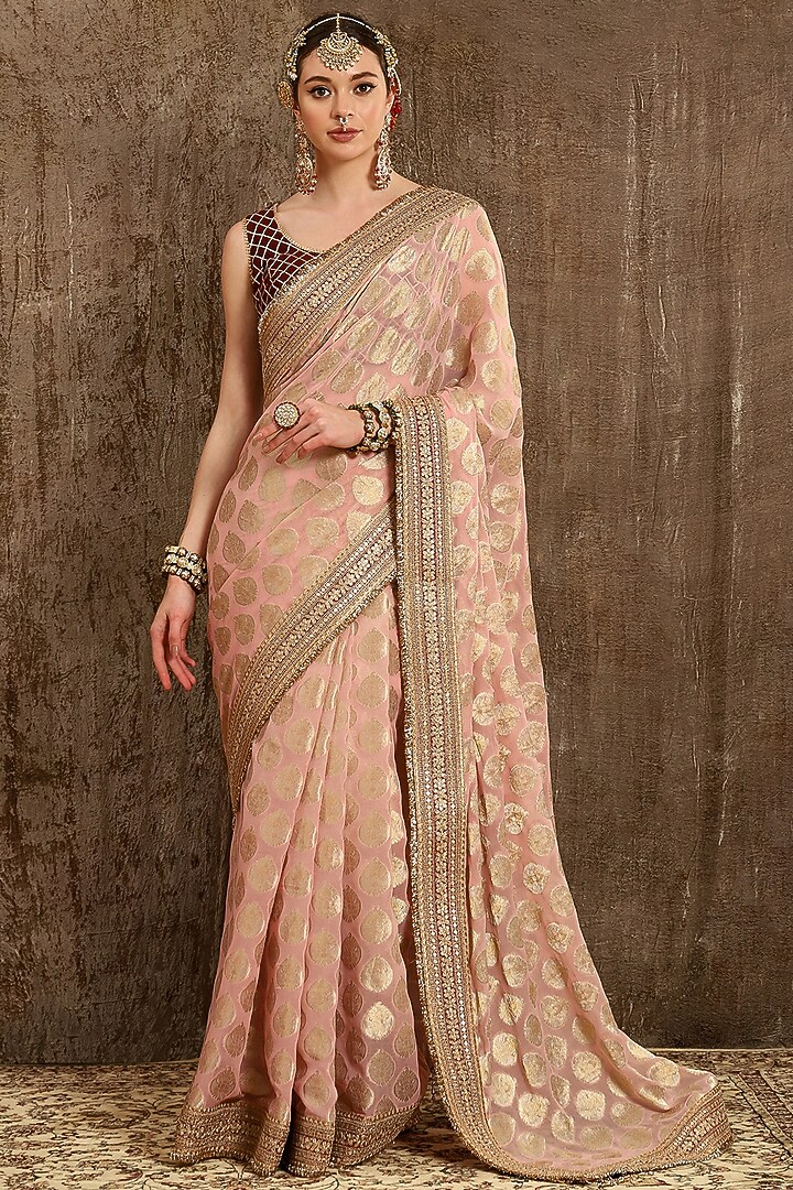 Salmon Pink Embroidered Wedding Saree Set by Shikhar Sharma at Pernia's Pop Up Shop