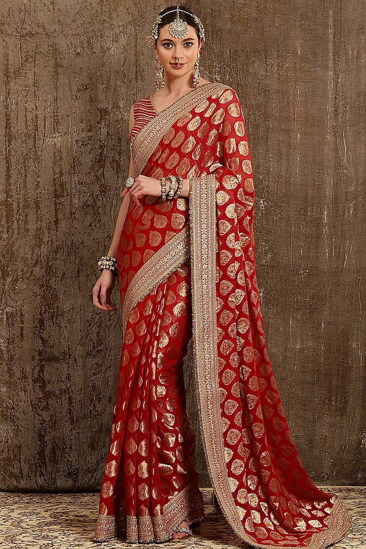 Red Embroidered Saree Set by Shikhar Sharma