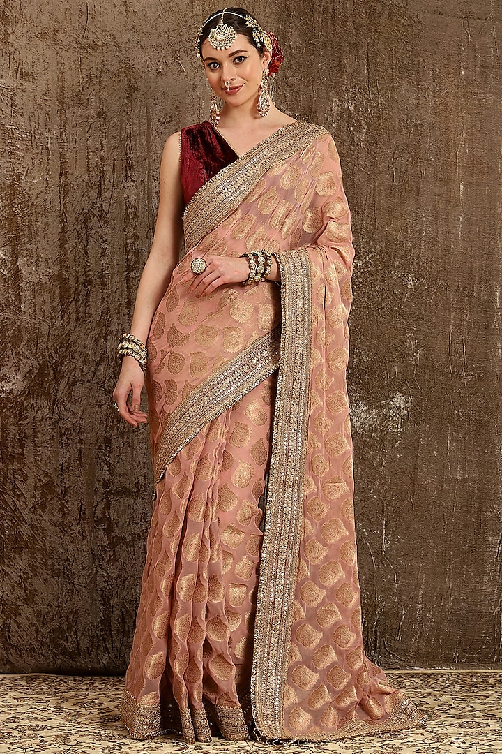 Pink Georgette Embroidered Saree Set by Shikhar Sharma