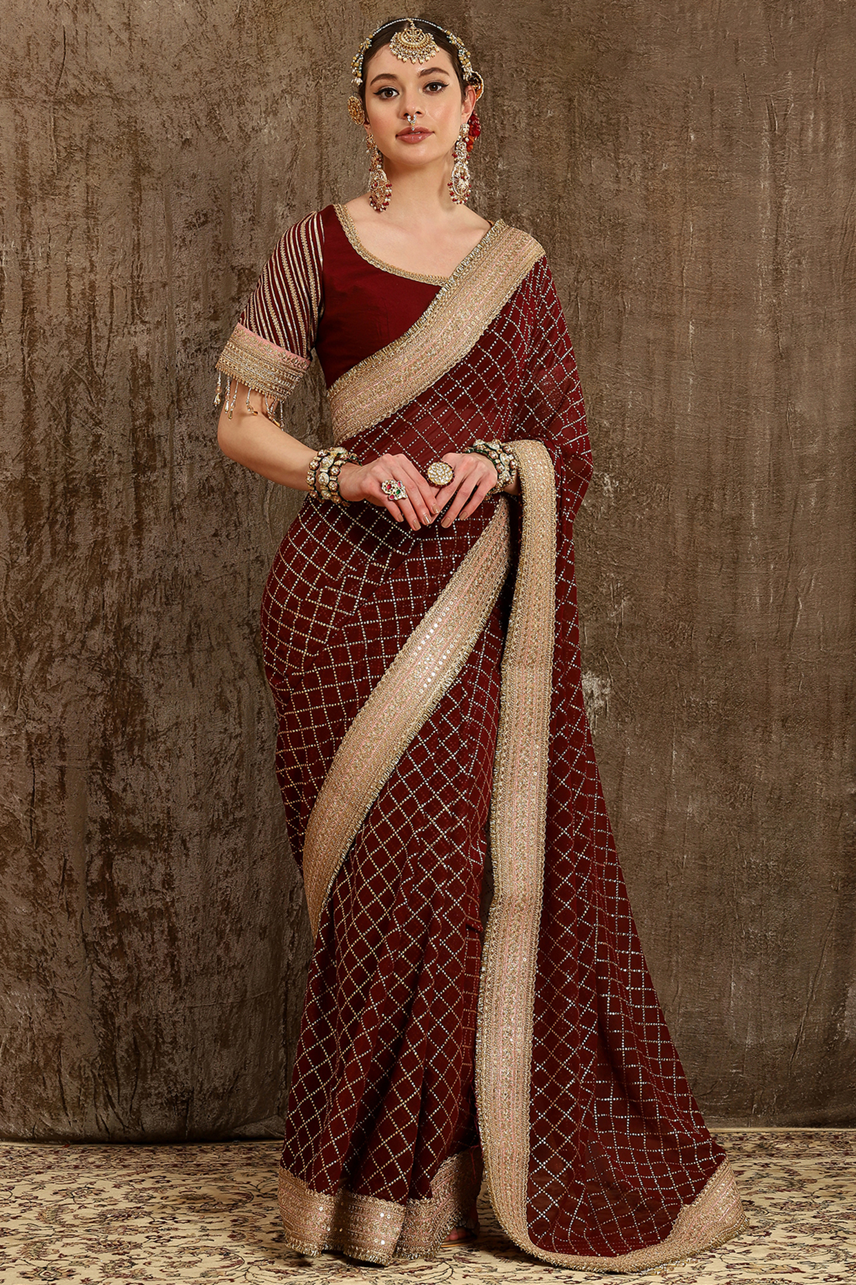 Maroon Printed & Embroidered Wedding Saree Set by Shikhar Sharma at Pernia's Pop Up Shop