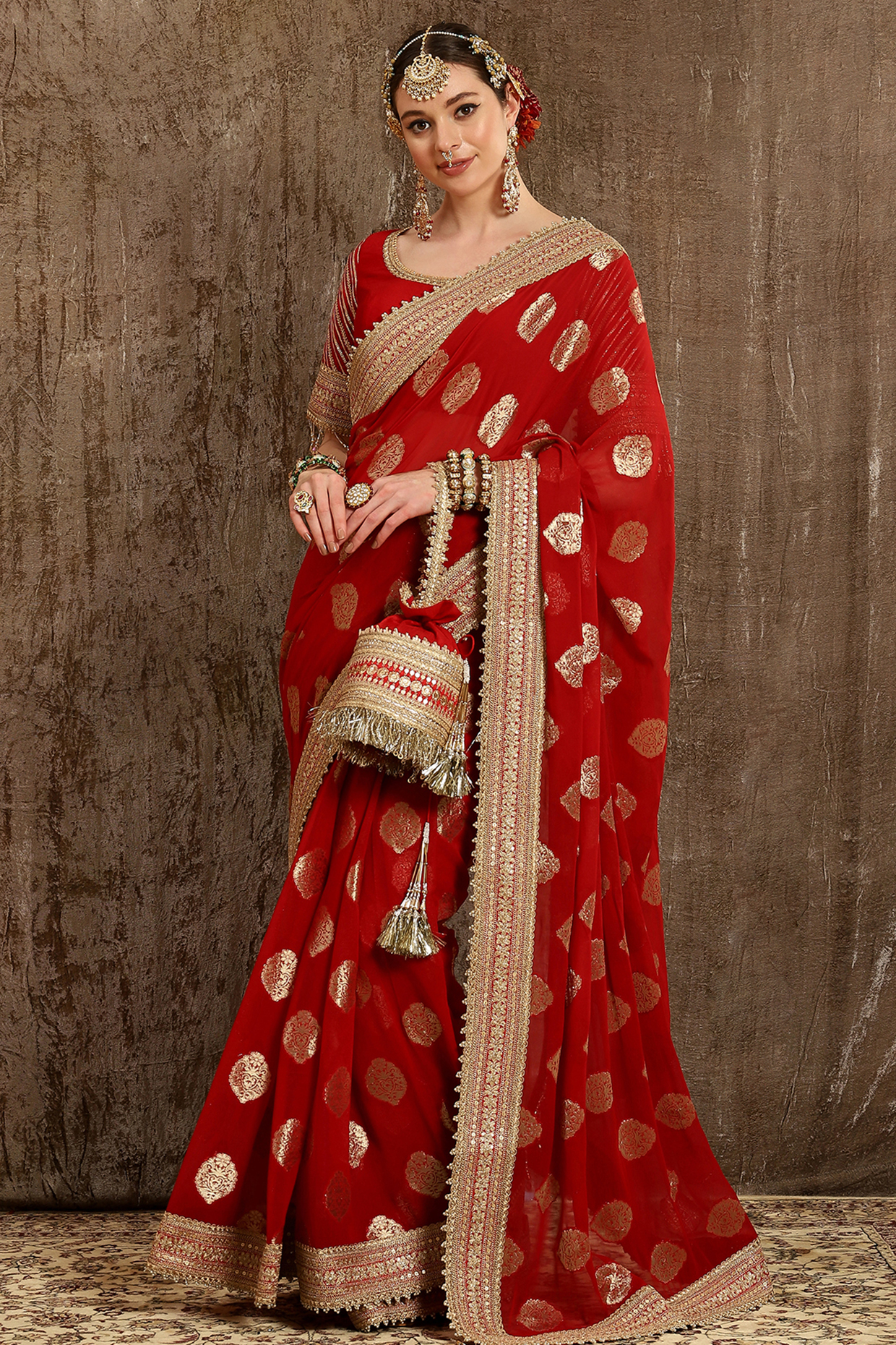 Red Georgette Embroidered Wedding Saree Set by Shikhar Sharma at Pernia's Pop Up Shop