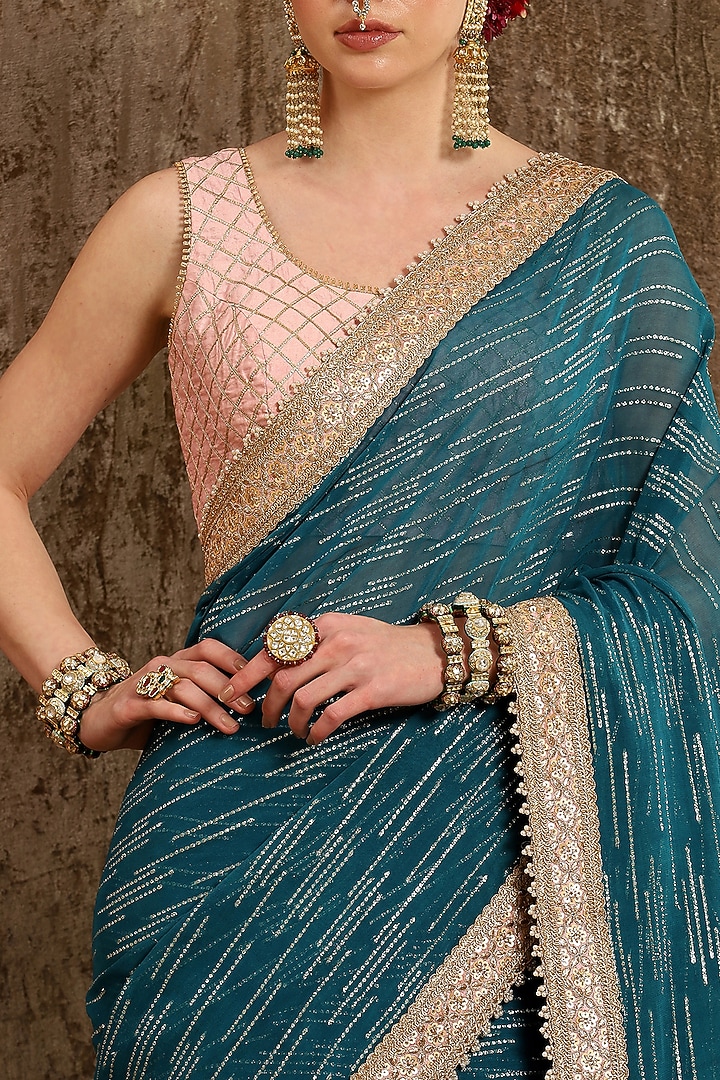 Cobalt Blue Embroidered Wedding Saree Set by Shikhar Sharma at Pernia's Pop Up Shop