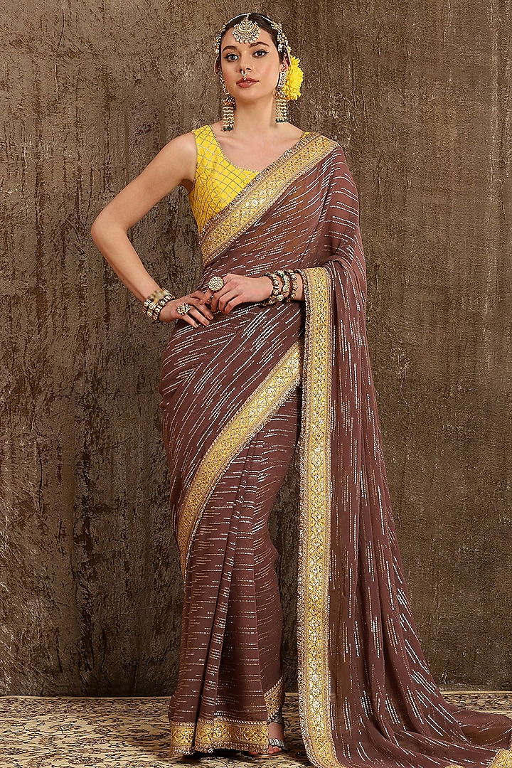 Mouse Colored Georgette Gota & Kasab Embroidered Wedding Saree Set by Shikhar Sharma at Pernia's Pop Up Shop