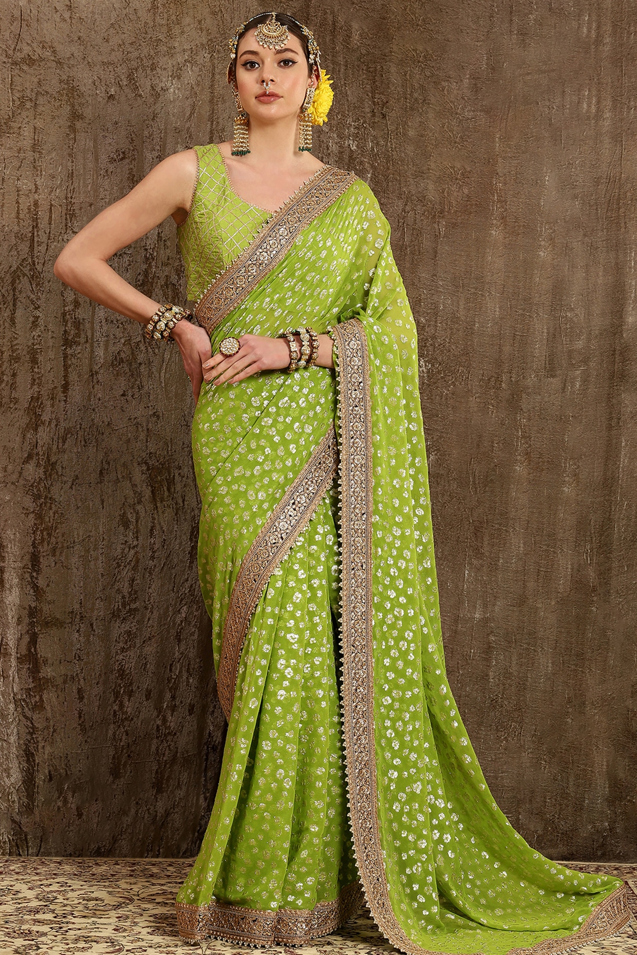 Orgenza Chameli Light Lemon Color Organza Silk Print And Coding Work All  Over Saree With Contrast