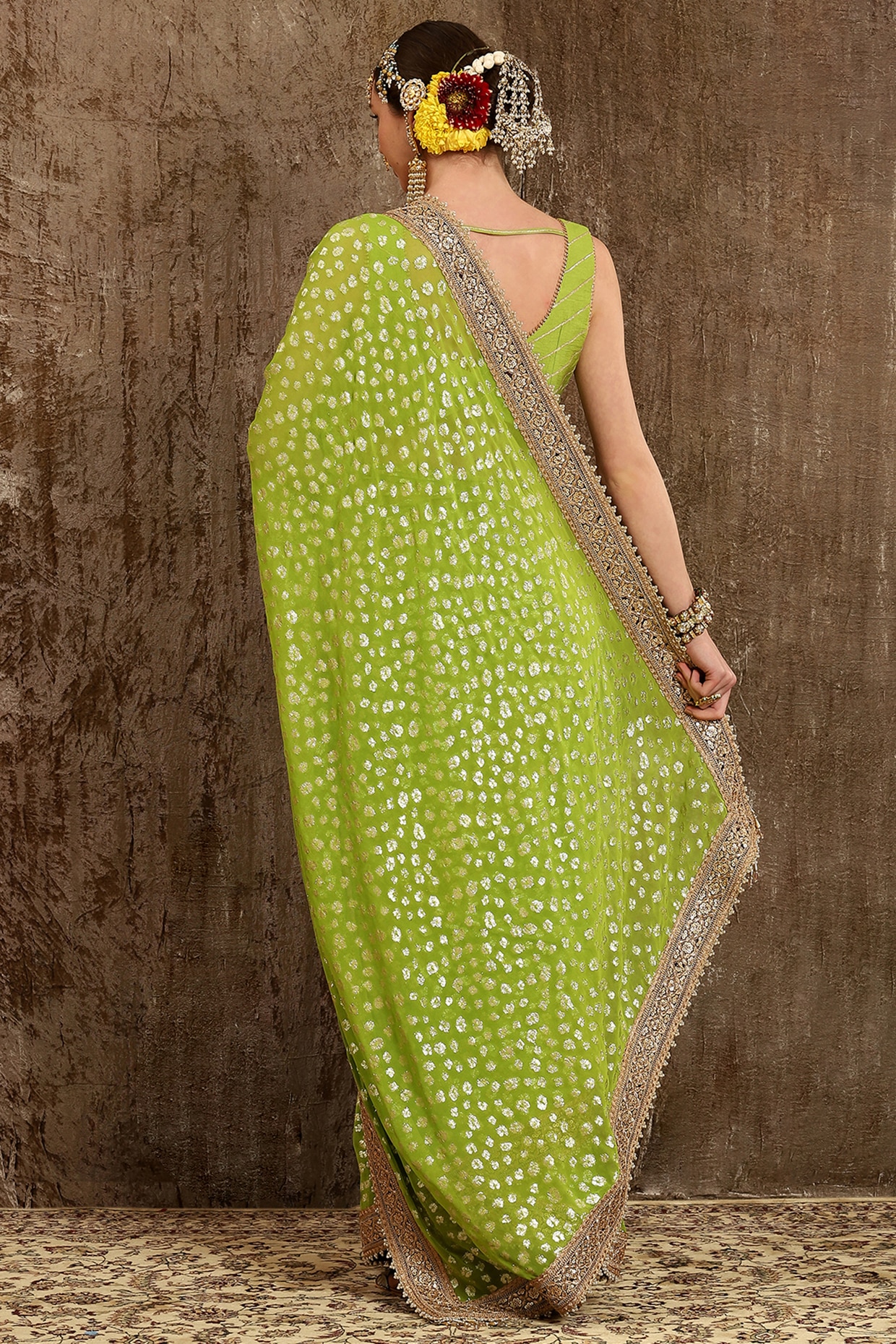 Chikan Work Lemon Green Ladies Party Wear Georgette Saree, 6.3m with Blouse  Piece