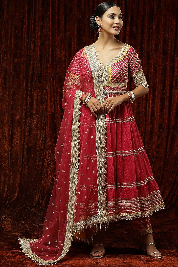 Rani Pink & Yellow Embroidered Party Wear Anarkali Set by Shikhar Sharma at Pernia's Pop Up Shop