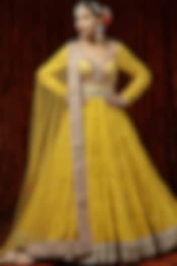 Lemon Yellow Embroidered Wedding Anarkali Set by Shikhar Sharma at Pernia's Pop Up Shop