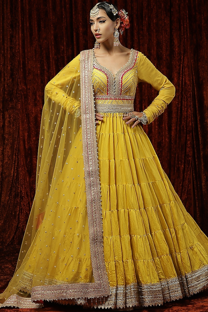 Lemon Yellow Embroidered Wedding Anarkali Set by Shikhar Sharma at Pernia's Pop Up Shop