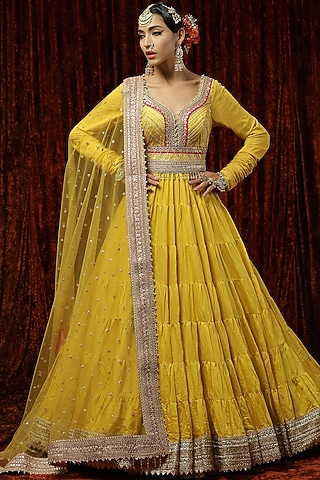 Lemon Yellow Embroidered Anarkali Set by Shikhar Sharma