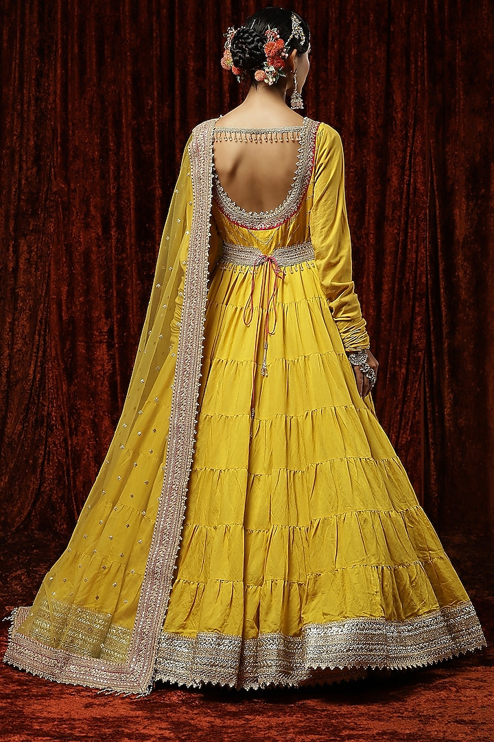 Lemon Yellow Embroidered Wedding Anarkali Set by Shikhar Sharma at Pernia's Pop Up Shop
