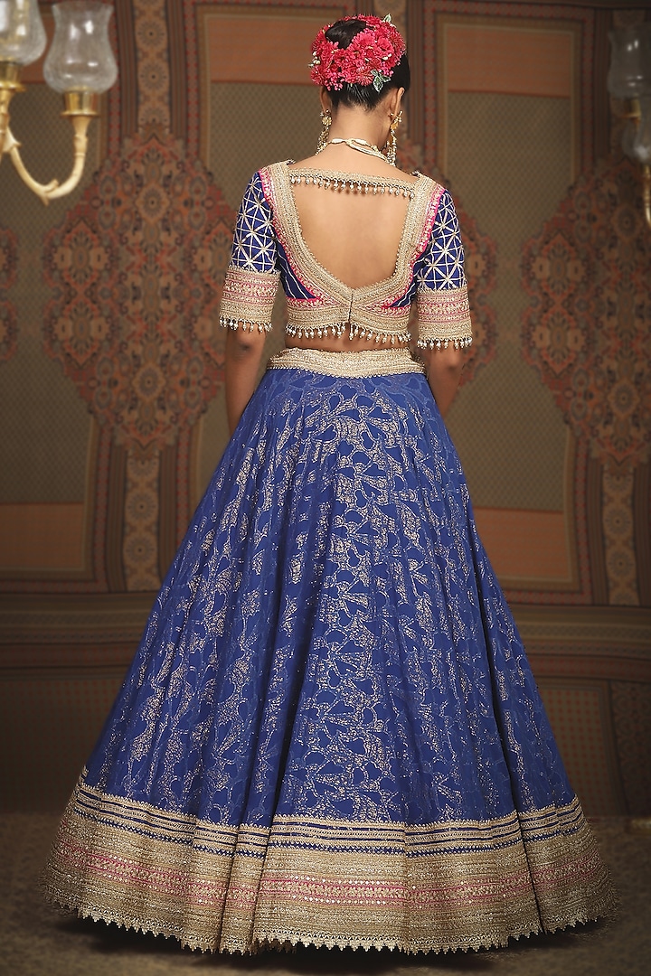 Electric Blue Cotton Shimmer Chanderi Gota Embroidered Wedding Lehenga Set by Shikhar Sharma at Pernia's Pop Up Shop